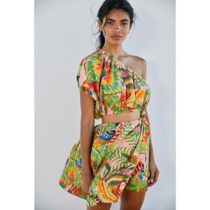 {Farm Rio} Macaw Leaves One-Shoulder Mini Dress - Size M - NWT